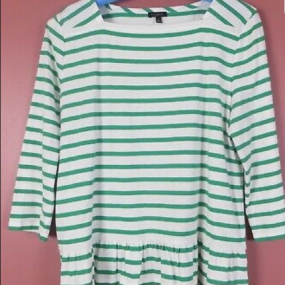 TALBOTS Women Light Comfy Cotton Top Green White Stripe Ruffle bottom Size LP